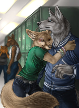 5_fingers amber_eyes angry anthro belt black_nose blood blood_on_face blue_bottomwear blue_clothing blue_eyes blue_jacket blue_pants blue_topwear bodily_fluids bottomwear bracelet brown_body brown_fur bruised bruised_eye bullying claws clothed clothing cruelty denim denim_bottomwear denim_clothing duo_focus ear_piercing fingers fluffy fluffy_tail fully_clothed fur green_clothing green_shirt green_t-shirt green_topwear grey_body grey_fur group inside jacket jeans jewelry letterman_jacket light locker looking_at_another male male/male orange_body orange_fur pants piercing romantic romantic_couple school shirt standing t-shirt tail tan_body tan_fur topwear yellow_eyes rukis canid canine canis felid fox hyena jackal mammal pantherine spotted_hyena tiger wolf detailed