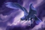 ambiguous_gender beak blue_body blue_feathers claws cloud feathered_wings feathers feral flying outside red_eyes sky skyscape solo wings rotarr avian monster unknown_species 2014 cool_colors