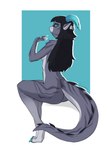 4_fingers anthro black_hair breasts butt eyewear female fingers glasses green_horn grey_body grey_skin hair horn looking_at_viewer nude pose simple_background sitting solo tail teal_eyes louraa mythology dragon mythological_creature mythological_scalie scalie 2022 hi_res