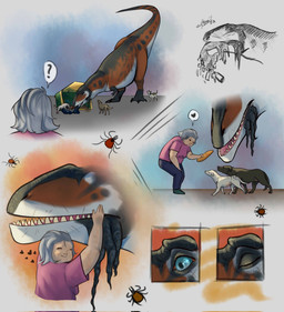 ambiguous_gender avian_caruncle bag black_body black_scales blue_eyes bread claws clothed clothing dewlap_(anatomy) dumpster duo female feral food fur group heart_symbol hug male nipples open_mouth orange_body orange_scales outside question_mark scales scar size_difference speech_bubble trash trash_bag wattle white_body white_scales abigaildx1 princess_(abigaildx1) acarine allosauroid arachnid arthropod canid canine canis carcharodontosaurid dinosaur domestic_dog human mammal meraxes_(dinosaur) parasitiform prehistoric_species reptile saurischian scalie theropod tick_(arachnid) comic hi_res