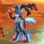 anthro male solo wild_fire mykiio nintendo pokemon mykiio_(fursona) generation_4_pokemon generation_6_pokemon humanoid lucario mega_evolution mega_lucario pokemon_(species) hi_res