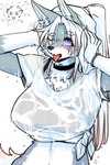 anthro big_breasts black_bra black_clothing black_nose black_underwear bra bra_through_clothing breasts chest_tuft choker clothing eyes_closed fangs female female_anthro front_view fur grey_body grey_fur hair jewelry kemono long_hair looking_at_viewer necklace one_eye_closed open_mouth ponytail purple_eyes shirt silver_bracelet simple_background smile solo standing tail teeth tongue tongue_out topwear translucent translucent_clothing tuft underwear wet wet_body wet_clothing wet_fur wet_hair wet_shirt wet_topwear white_body white_clothing white_fur white_hair white_shirt white_topwear ookamiwaho okami_bark canid canine canis mammal wolf 2:3 digital_media_(artwork) hi_res