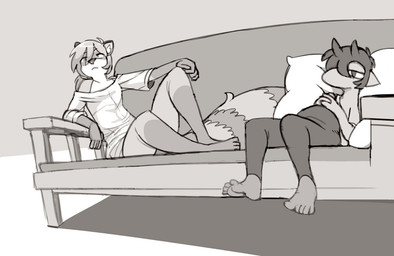 anthro bench clothed clothed_anthro clothed_female clothing duo female flat_chested fur gloves_(marking) hair half-closed_eyes horn inner_ear_fluff leg_markings long_hair male markings mouthless narrowed_eyes on_bench pillow sitting sitting_on_bench socks_(marking) striped_body striped_fur striped_markings striped_tail stripes tail tail_markings topless topless_anthro topless_male tuft shyguy9 pith demon imp mammal procyonid raccoon monochrome