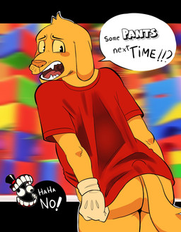 anthro blush bottomless bottomless_male bubble_butt butt clothed clothing clothing_pull covering covering_butt covering_self fangs floppy_ears fur male nervous open_mouth rear_view red_clothing red_shirt red_topwear shirt shirt_pull shy solo speech_bubble tail teeth text topwear topwear_pull yellow_body yellow_fur yellow_sclera mochaenby glitch_productions the_amazing_digital_circus caine_(tadc) scratch_(tadc) bird_dog canid canine canis domestic_dog hunting_dog labrador mammal retriever english_text hi_res