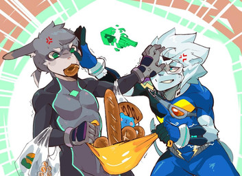 abstract_background angry anthro athletic athletic_male bag baguette belt blue_eyes bodysuit bread clothed clothing cross-popping_vein dessert doughnut duo ears_back face_grab fight food fully_clothed fur gloves green_eyes grey_body grey_fur grin gun hair handwear head_tuft holding_object inner_ear_fluff kemono looking_at_another magic male mane mane_hair mouth_hold multicolored_body multicolored_fur object_in_mouth pastry pivoted_ears plastic_bag plushie ponytail pushing ranged_weapon short_ponytail shove skinsuit smile standing teddy_bear tight_clothing tuft two_tone_body two_tone_fur vein visor weapon white_body white_fur white_hair mawarisaka3 mawarisaka_(character) felid lagomorph leporid lion mammal pantherine rabbit
