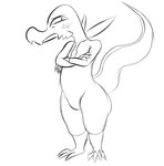 anthro blush claws crossed_arms half-closed_eyes looking_at_viewer male narrowed_eyes scales simple_background smile solo standing tail toe_claws white_background roccorox nintendo pokemon generation_7_pokemon pokemon_(species) salandit 2018 black_and_white digital_media_(artwork) monochrome sketch