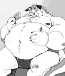 4_horns 5_fingers anthro belly belly_tuft big_belly bloated bulge chest_tuft claws clothing dango_(food) eating eyebrows fangs fingers fluffy food hand_on_belly horn looking_at_viewer male mostly_nude multi_horn musclegut muscular muscular_anthro muscular_male navel nipples obese one_eye_closed overweight overweight_anthro overweight_male sitting smile solo speedo swimwear teeth tuft underwear wink deadanthro lifewonders tokyo_afterschool_summoners behemoth_(tas) monster black_and_white monochrome sketch