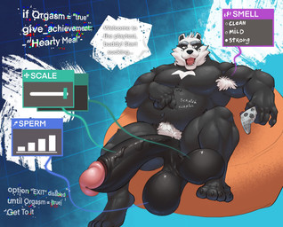 anthro armpit_hair balls big_balls big_penis black_body black_nose body_hair controller dialogue game_controller genitals glans huge_balls huge_penis humanoid_hands hyper hyper_genitalia hyper_penis male musclegut muscular nude open_mouth overweight overweight_male penis pubes sitting solo text vein veiny_penis white_body doost bradley_the_badger_(game) bradley_(bradley_the_badger) badger mammal mustelid musteline 2025 english_text hi_res