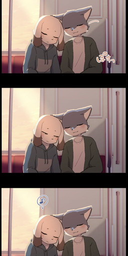 anthro duo eyes_closed kemono leaning_on_another male male/male musical_note musical_symbol sitting sleeping smile sound_effects speech_bubble subway symbol text vowelless vowelless_sound_effect young young_anthro young_male zzz shibireru canid canine canis domestic_cat domestic_dog felid feline felis mammal 2025 comic hi_res japanese_description japanese_text