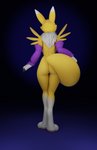 anthro biped blue_eyes breasts claws female fur genitals gradient_background mostly_nude multicolored_body nipples paws purple_background purple_sleeves pussy rear_view simple_background solo standing white_body white_fur yellow_body yellow_fur flapcats bandai_namco digimon canid digimon_(species) mammal renamon 3d_(artwork) absurd_res digital_media_(artwork) hi_res