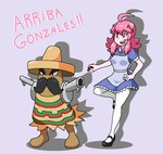 apron black_hair clothing dress duo facial_hair gun hair hat headgear headwear legwear mustache pink_eyes pink_hair pokeball poncho ranged_weapon sombrero standard_pokeball stereotype stockings text weapon genocityzone fakemon nintendo pokemon pokemon_clover vtuber youtube showtan human mammal somboludo hi_res spanish_text translated