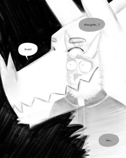 anthro beak dialogue duo eyebrows male priest priest_robes sad smile speech_bubble text zigzag_mouth sharkinthepark all_mighty_lord_(sharkinthepark) avian bat bird mammal owl 2026 4:5 absurd_res comic english_text handwritten_text hi_res monochrome