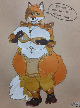 anthro bandeau big_breasts breasts brown_body brown_fur choker cleavage clothed clothing cosplay dialogue ear_piercing ear_ring feet female fur green_eyes hair huge_breasts jewelry looking_at_viewer midriff navel navel_piercing necklace orange_body orange_fur orange_hair overweight overweight_anthro overweight_female pelvic_curtain piercing ring_piercing shoulder_pads smile solo speech_bubble tail talking_to_viewer text thick_thighs topwear under_boob white_body white_fur mainlinemojo nintendo star_fox foxy_(foxycfreezy) krystal_(star_fox) canid canine fox mammal 2025 artist_name dated english_text hi_res marker_(artwork) pen_(artwork) signature traditional_media_(artwork)