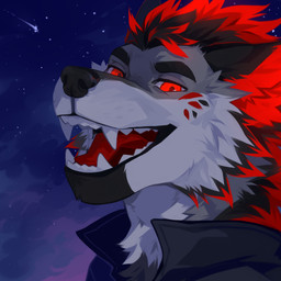 anthro black_body black_clothing black_fur black_hair black_topwear cheek_tuft clothed clothing detailed_background facial_tuft fangs fur grey_body grey_fur hair looking_at_viewer male open_mouth open_smile outside pupils red_body red_eyes red_fur red_hair red_pupils red_tongue sky smile solo star teeth tongue topwear tuft unsigned corzh77 canid mammal 1:1 absurd_res bust_portrait detailed hi_res icon portrait