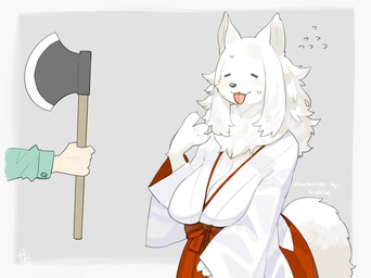 anthro asian_clothing axe blush breasts clothed clothing duo east_asian_clothing female fur holding_object japanese_clothing kemono melee_weapon miko_outfit shrine_maiden tongue weapon white_body kame_3 kemofujin_(comic) samoyed-chan_(kishibe) canid canine canis mammal hi_res