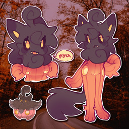 anthro breasts brown_body brown_fur cheek_tuft facial_tuft female feral fluffy fluffy_tail food fruit fur genitals neck_tuft nya orange_body plant pokemorph pumpkin sharp_teeth showing_chest solo tail teeth tuft vulva yellow_body jellybugeater nintendo pokemon domestic_cat felid feline felis generation_6_pokemon mammal pokemon_(species) pumpkaboo 1:1 hi_res