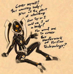 3_toes 4_fingers aged_down anthro black_body dialogue digitigrade feet female fingers flat_chested genitals glowing glowing_eyes hair machine mouthless multicolored_body narrowed_eyes nude nude_anthro nude_female ponytail screen screen_face sitting solo text toes twintails_(hairstyle) two_tone_body vulva white_body yellow_eyes young young_female soulcentinel blizzard_entertainment starcraft aurana alien protoss robot robot_anthro english_text