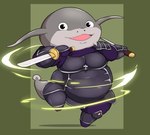 anthro armor belly clothed clothing grey_body kemono overweight simple_background solo weapon kusosensei final_fantasy final_fantasy_xiv square_enix catfish fish marine namazu 2021 hi_res