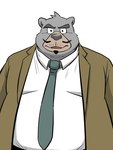 anthro belly big_belly clothing facial_hair grey_body kemono male mustache necktie overweight overweight_male shirt simple_background solo topwear white_background bullbluedog bear mammal 2023 hi_res