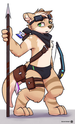 accessory anthro bag bow_(weapon) briefs clothing eyewear furgonomics goggles kerchief male melee_weapon polearm ranged_weapon simple_background solo spear speedo swimwear tail tail_accessory tail_bag underwear weapon snowybark adrian_(snowstormbat) mammal mustelid otter absurd_res hi_res