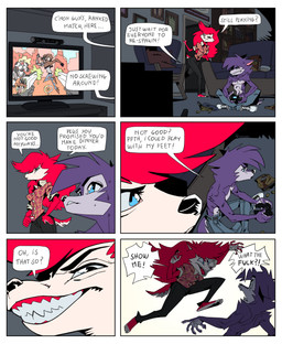 5_fingers 5_toes anthro barefoot blue_eyes claws dialogue duo feet female fingers foot_fetish fur hair humanoid_feet humanoid_hands male male/female multicolored_body multicolored_fur plantigrade purple_body purple_fur red_body red_fur red_hair sharp_teeth speech_bubble teeth text toes two_tone_body two_tone_fur two_tone_tail white_body white_fur oddjuice canid canine canis mammal wolf comic english_text hi_res