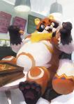 anthro belly biped detailed_background detailed_food food heterochromia humanoid_hands overweight overweight_anthro pizza sitting solo racoonwolf canid canine mammal raccoon_dog tanuki 2019 detailed