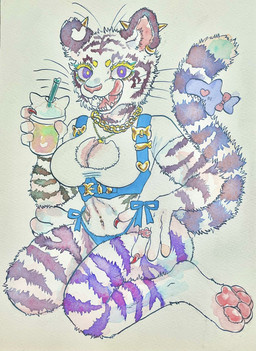 accessory anthro beverage big_breasts blush bow_accessory bow_ribbon breasts claws cleavage cleavage_cutout clothed clothing crop_top cutout ear_piercing ear_ring feet female fur furgonomics huge_breasts jewelry kneeling leucistic licking licking_lips looking_at_viewer muscular navel necklace open_mouth pawpads paws piercing pink_pawpads purple_eyes ribbons ring_piercing shirt simple_background smile solo striped_body striped_fur stripes tail tail_accessory tail_bow tail_ribbon teeth tongue tongue_out topwear underwear white_body white_fur kyokyota felid feline mammal pantherine tiger 2024 hi_res painting_(artwork) traditional_media_(artwork) watercolor_(artwork)
