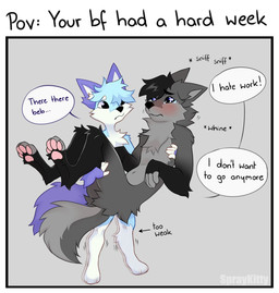 anthro black_body black_fur blue_body blue_fur blush carrying_another carrying_partner dialogue duo femboy fingerless_(marking) fingerless_gloves_(marking) fur gloves_(marking) grey_body grey_fur larger_male leg_markings male male_anthro markings size_difference smaller_male socks_(marking) speech_bubble talking_to_another talking_to_partner text white_body white_fur spraykitty canid canine fox mammal 2025 digital_drawing_(artwork) digital_media_(artwork) english_text hi_res