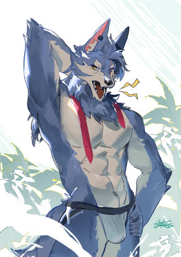 anthro athletic athletic_anthro athletic_male black_nose body_hair bulge clothed clothing ear_piercing eye_scar eyebrows facial_scar fur grey_body grey_ears grey_eyes grey_fur grey_hair hair jockstrap jockstrap_only looking_at_viewer male male_anthro multicolored_body multicolored_fur muscular open_mouth pecs piercing scar solo teeth tongue topless two_tone_body two_tone_fur underwear underwear_only yellow_eyes lokey neverness_to_everness skia_(neverness_to_everness) canid canine canis mammal wolf 2026 hi_res
