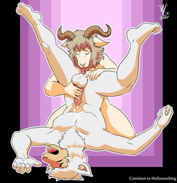5_fingers 5_toes anal anthro balls bodily_fluids cum cum_on_self cumshot duo ejaculation erection eyes_closed feet fingers fur genital_fluids genitals hair hand_on_penis handjob horn humanoid_feet humanoid_genitalia humanoid_penis male male/male male_rimming_male nude open_mouth oral orgasm orgasm_face penile penis plantigrade rimming sex shoulder_stand simple_background spread_legs spreading tail toes tongue tongue_out denlusty beastars pina_(beastars) tem_(beastars) alpaca bovid camelid caprine dall_sheep mammal sheep absurd_res digital_media_(artwork) hi_res