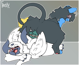 3_toes big_butt blue_body blue_fur blush butt butt_on_butt butt_press claws facesitting feet feral fur green_body green_fur grey_body grey_fur group looking_at_another male open_mouth simple_background sitting sitting_on_another size_difference smothering squeezing tail toes trio white_body white_fur wings frostyvee_01 nintendo pokemon alex_(ah095) frosty_(frostyvee_01) levin_(levinluxio) domestic_cat felid feline felis generation_4_pokemon generation_6_pokemon luxio mammal mega_absol mega_evolution pokemon_(species) hi_res
