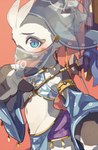 anthro armlet beak blue_eyes blush bow_(weapon) brown_body brown_feathers clothed clothing crossdressing embarrassed eyebrows eyelashes facial_markings feather_hands feathers gerudo_outfit gold_(metal) gold_jewelry gold_necklace head_markings jewelry looking_at_viewer male male_anthro markings multicolored_body multicolored_feathers navel necklace non-mammal_navel ranged_weapon skimpy solo veil weapon white_body white_feathers young young_male bigoyatsu nintendo the_legend_of_zelda tulin_(tloz) avian rito 2025 absurd_res digital_media_(artwork) hi_res