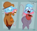 anthro belly beverage blue_body blue_eyes blue_fur blue_hair blush buckteeth cake clothed clothing coffee coffee_cup container cup dessert dialogue feet female food freckled_face freckles fully_clothed fur hair hat headgear headwear holding_object huge_hips huge_thighs jacket open_mouth overweight overweight_anthro overweight_female pink_nose plate scarf small_feet solo spilled_drink tail teeth thick_thighs topwear translucent translucent_hair whiskers wide_hips silentjack mia_mouse mammal mouse murid murine rodent hi_res multiple_images signature