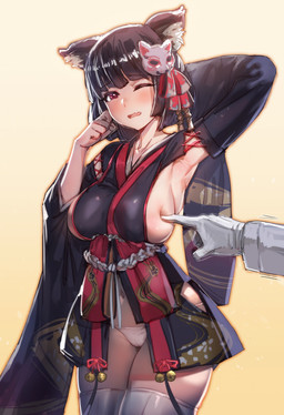 accessory big_breasts black_hair blush breasts camel_toe clothed clothing disembodied_hand duo female female_focus hair hair_accessory legwear one_eye_closed panties poking side_boob skindentation solo_focus thigh_highs underwear bow_(artist) azur_lane yamashiro_(azur_lane) animal_humanoid cat_humanoid felid felid_humanoid feline feline_humanoid humanoid mammal mammal_humanoid hi_res