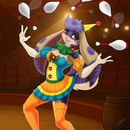 anthro biped blue_body blue_fur blue_hair bottomwear breasts clothed clothing clown_costume female floppy_ears front_view fur gloves green_body green_fur grin hair handwear hat headgear headwear inside juggling legwear long_ears looking_at_viewer lop_ears multicolored_body orange_clothing orange_legwear orange_stockings pink_nose short_hair skirt small_breasts smile solo standing stockings tan_body tan_fur thigh_highs white_clothing white_gloves white_handwear miniferu nemo_ace_walker lagomorph leporid mammal rabbit 1:1 2026 hi_res herm_(lore)