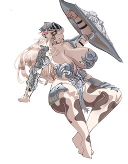 anthro armor big_breasts bottomwear breasts clothing female headgear heart_symbol helmet loincloth shield simple_background solo white_background carsen bovid bovine cattle mammal absurd_res hi_res