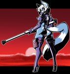 anthro big_butt blue_body blue_fur boots bubble_butt butt clothing footwear fur gloves gun hair handwear high_heeled_boots high_heels holding_gun holding_object holding_ranged_weapon holding_weapon legwear male purple_eyes ranged_weapon shoes solo tail thigh_boots thigh_highs weapon white_body white_fur white_hair zzvinniezz 2025 absurd_res hi_res