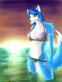 anthro bikini black_nose blue_body blue_fur blue_hair breasts clothing female fur green_eyes hair multicolored_body multicolored_fur multicolored_tail solo sunset swimwear tail two-piece_swimsuit water white_body white_fur s63 nintendo star_fox krystal_(star_fox) canid canine fox mammal 2015 3:4 absurd_res hi_res signature