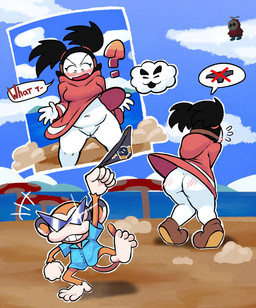 ambiguous_gender blush body_blush bottomless butt butt_blush clothed clothing covering covering_crotch embarrassed female genitals grey_body navel no_underwear panties pigtails underwear undressing_another vulva genocityzone mario_bros nintendo paper_mario paper_mario_(2000) sadie_(genocity) ukiki bandit_(mario) haplorhine humanoid mammal monkey primate shyguy hi_res
