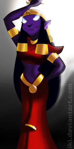 afnet_(clothing) anthro biped black_background clothed clothing dagger egyptian egyptian_clothing egyptian_headdress fangs female footwear glowing glowing_eyes gradient_background grey_background headdress headgear headwear melee_weapon shoes simple_background solo standing teeth uraeus weapon white_background unknown_artist disney disney's_aladdin mirage_(disney) felid mammal