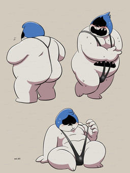 anthro belly belly_mouth blush bulge butt clothed clothing embarrassed grey_background hood humiliation male one-piece_swimsuit overweight simple_background skimpy sling_bikini solo swimwear tan_background aoi_k3 deltarune undertale_(series) king_spade darkner humanoid 3:4 absurd_res hi_res