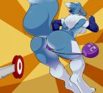 2016 alternate_color anal anal_penetration antennae_(anatomy) anthro armwear armwear_only ball bandai_namco big_butt black_claws blue_body blue_fur blush bodily_fluids breasts bridal_gauntlets bridal_gauntlets_only brown_background butt buttplug canid canine claws clothing digimon digimon_(species) digital_media_(artwork) english_text exercise fan_character female fur haley_(nightfaux) kegel_exercise kegel_weight looking_back mammal markings mostly_nude nightfaux nipples orange_background penetration plug_(sex_toy) pom_antennae purple_eyes raised_tail rear_view renamon sex_toy signature simple_background solo sweat tail target text thick_thighs toe_claws tuft weights white_body white_fur