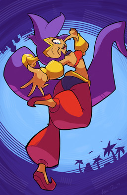 abstract_background accessory bandeau big_hair biped blue_background blue_eyes bracelet breasts butt butt_pose clothed clothing collar crown female footwear gold_(metal) gold_bracelet gold_jewelry gold_tiara hair hair_accessory hair_tie happy harem_pants headgear humanoid_pointy_ears jewelry long_hair looking_at_viewer not_furry on_one_leg one_eye_closed open_mouth open_smile pointy_ears ponytail pose purple_hair reaching_towards_viewer rear_view red_clothing shoes simple_background smile smiling_at_viewer solo standing tan_body tan_skin tiara tongue tongue_out topwear wink winking_at_viewer nova_rain shantae_(series) wayforward shantae genie humanoid 2025 absurd_res digital_media_(artwork) full-length_portrait hi_res portrait signature