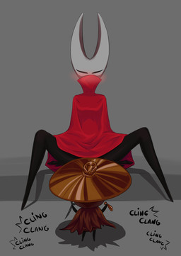 anthro black_body black_eyes blush brown_cloak brown_clothing cloak cloak_only clothing convenient_censorship duo empty_eyes featureless_feet feet female front_view grey_background narrowed_eyes red_cloak red_clothing simple_background sitting size_difference spread_legs spreading text white_body young unknown_artist hollow_knight:_silksong hollow_knight_(franchise) team_cherry hornet_(hollow_knight) sherma_(hollow_knight:_silksong) arthropod insect absurd_res hi_res