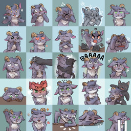 angry black_body bodily_fluids crossed_arms crying frozen greeting greeting_viewer heart_symbol horn nervous purple_body shy sleeping sticker_pack tears stampmats bovid caprine domestic_cat felid feline felis goat mammal 1:1 absurd_res hi_res meme
