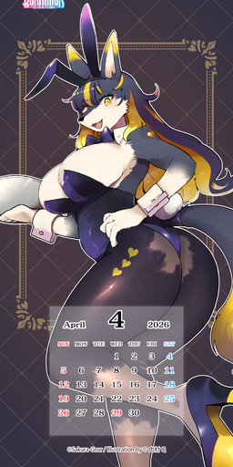 anthro big_breasts big_butt blonde_highlights breasts bunny_costume butt calendar_graphic clothing costume cute_fangs eyebrow_through_hair eyebrows fake_ears fake_rabbit_ears fake_rabbit_tail fake_tail fangs female footwear fur gloves_(marking) grey_body grey_fur hair heart_(marking) high_heels highlights_(coloring) kemono leg_markings legwear leotard looking_at_viewer markings on_one_leg open_mouth shirt_collar shirt_cuffs shoes socks_(marking) solo standing stockings teeth translucent translucent_hair tray white_body white_fur yellow_eyes nikumura_q bunnimals sakura-gear marie_gold_(bunnimals) canid canine canis mammal wolf absurd_res hi_res