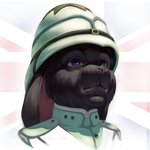 anthro belt black_body black_fur blue_eyes clothed clothing colonial colonial_dress eyebrows flag fur great_britain hat headgear headwear simple_background solo thepimpartist lagomorph leporid mammal rabbit 1:1 2017 traditional_media_(artwork)