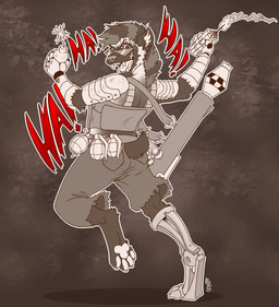 anthro armor cybernetic_arm cybernetic_limb cybernetics dynamite explosives eyewear female glasses grenade laugh machine prosthetic prosthetic_arm prosthetic_limb ranged_weapon red_eyes robotic_leg rocket_launcher solo weapon maddworld cyborg hyena mammal absurd_res hi_res