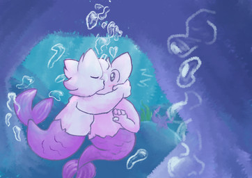 air_bubble anthro blush duo fur kiss_on_lips kissing male male/male split_form underwater water white_body white_fur bloope boy_kisser_(meme) silly_cat_(mauzymice) aquatic domestic_cat felid feline felis mammal merfolk absurd_res digital_media_(artwork) hi_res meme