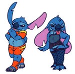 3_toes anthro barefoot belly_tuft big_ears biped blue_body blue_fur blue_nose chest_tuft claws clothed clothing ears_down feet femboy fishnet_clothing fishnet_legwear fur hand_on_hip head_tuft legwear male notched_ear pivoted_ears simple_background slightly_chubby slightly_chubby_male smile solo teeth toe_claws toes tongue tongue_out tuft white_background fatzoimp disney lilo_and_stitch stitch_(lilo_and_stitch) alien experiment_(lilo_and_stitch) hi_res